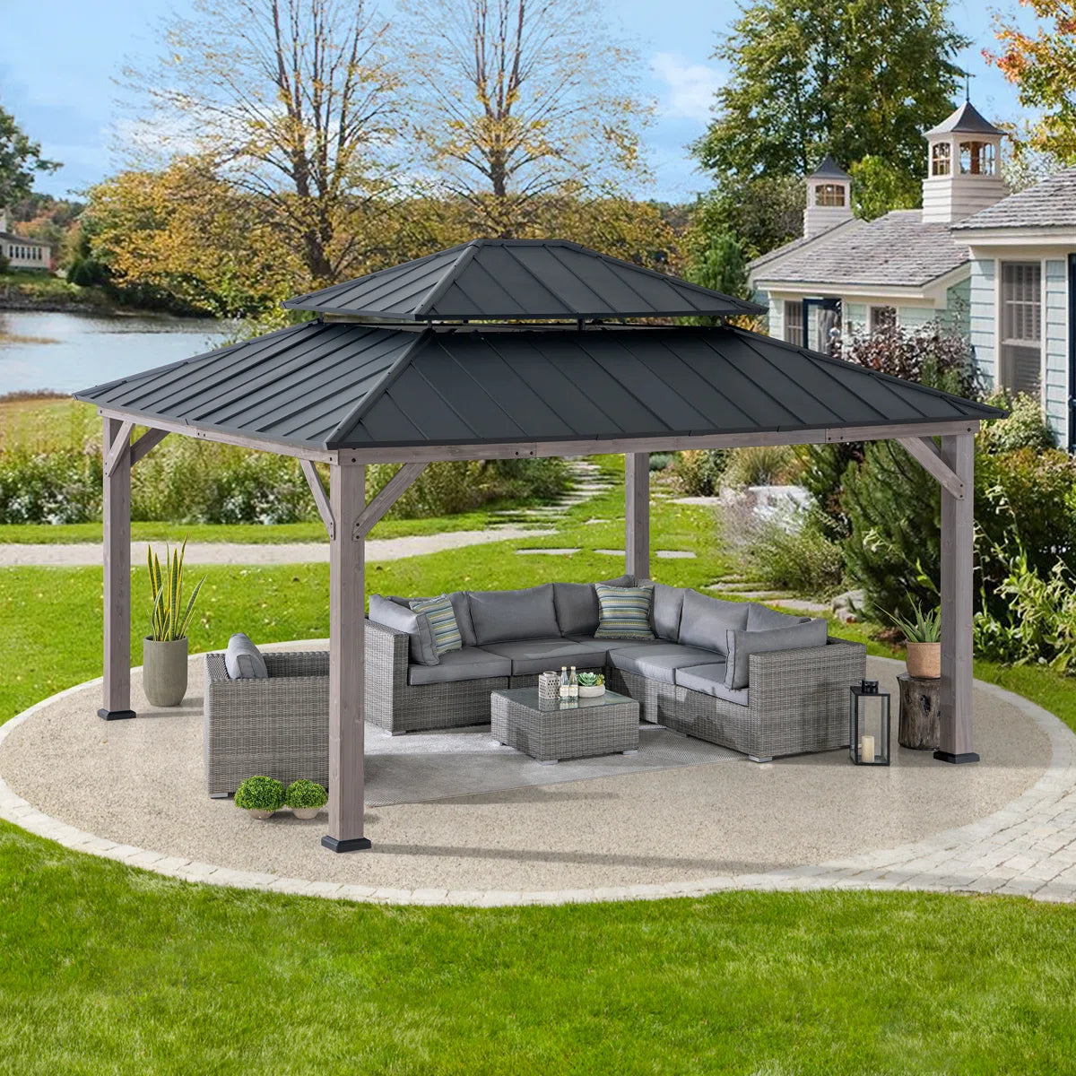 Sunjoy 13 x 15 ft. Wood Gazebo. Outdoor Patio Steel Hardtop Gazebo. Cedar Framed Wooden Gazebo with 2-Tier Metal Roof. Suitable for Patios. Lawn and Backyard