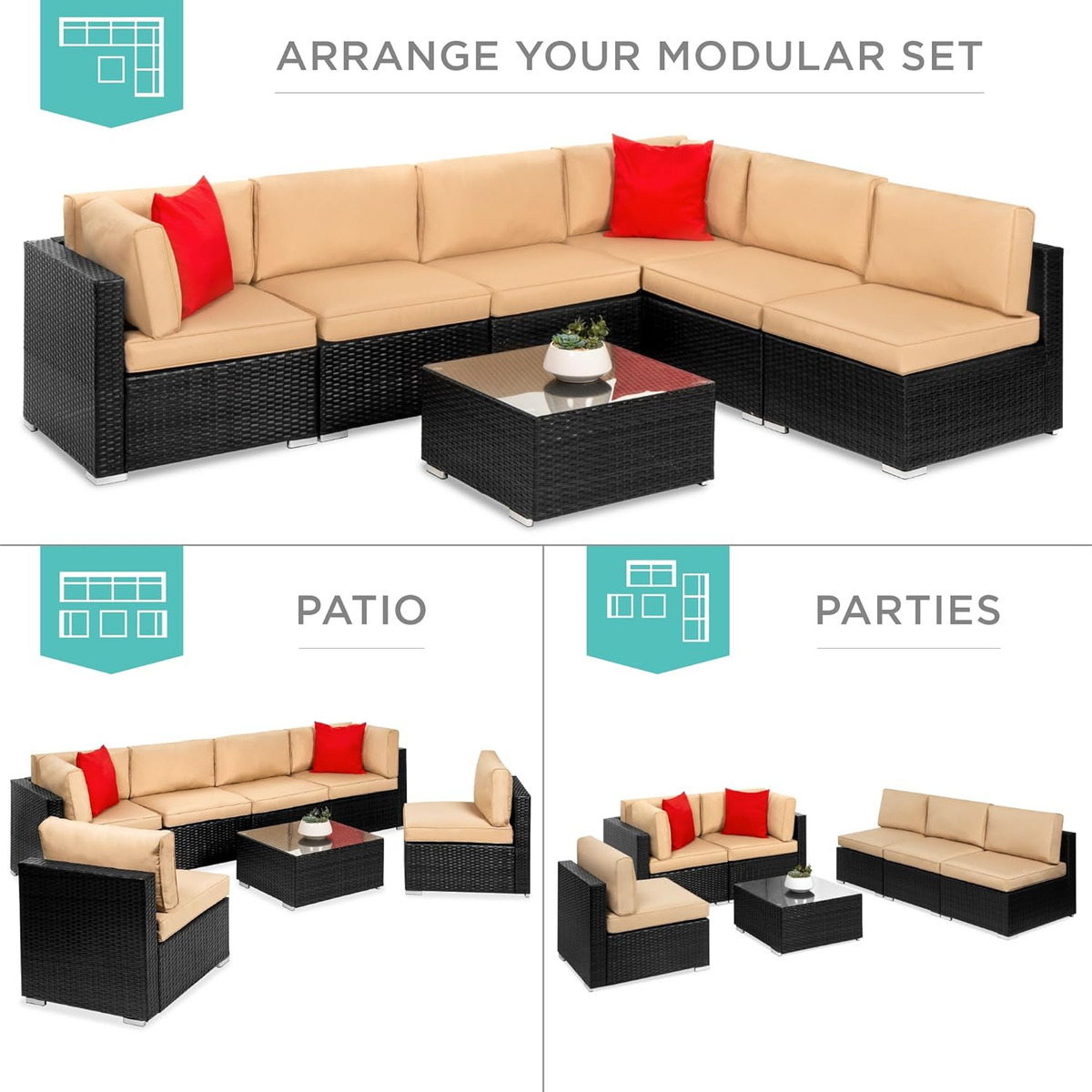 7-Piece Modular Outdoor Sectional Wicker Patio Conversation Set w/ 2 Pillows. Coffee Table