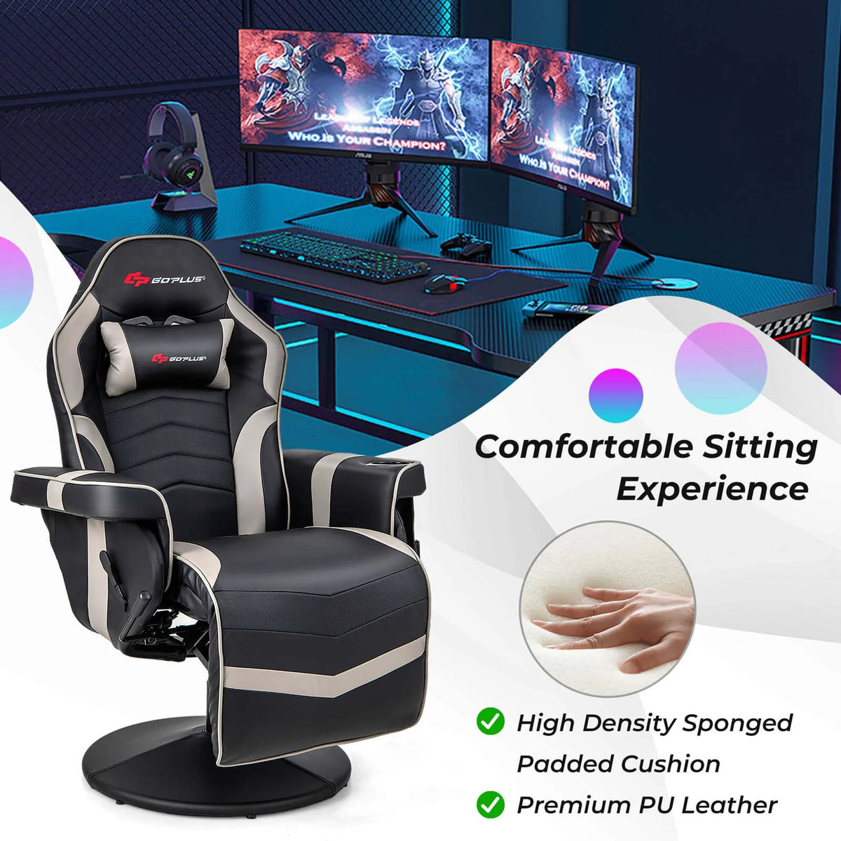 Goplus Massage Gaming Recliner Height Adjustable Racing Swivel Chair with Cup Holder Red