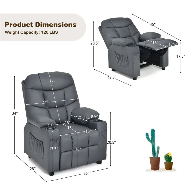 Kids Recliner Chair PU Leather Adjustable Lounge Sofa with Cup Holder. 3 Pockets & Retractable Footrest. Ergonomic Toddler Furniture Sofa