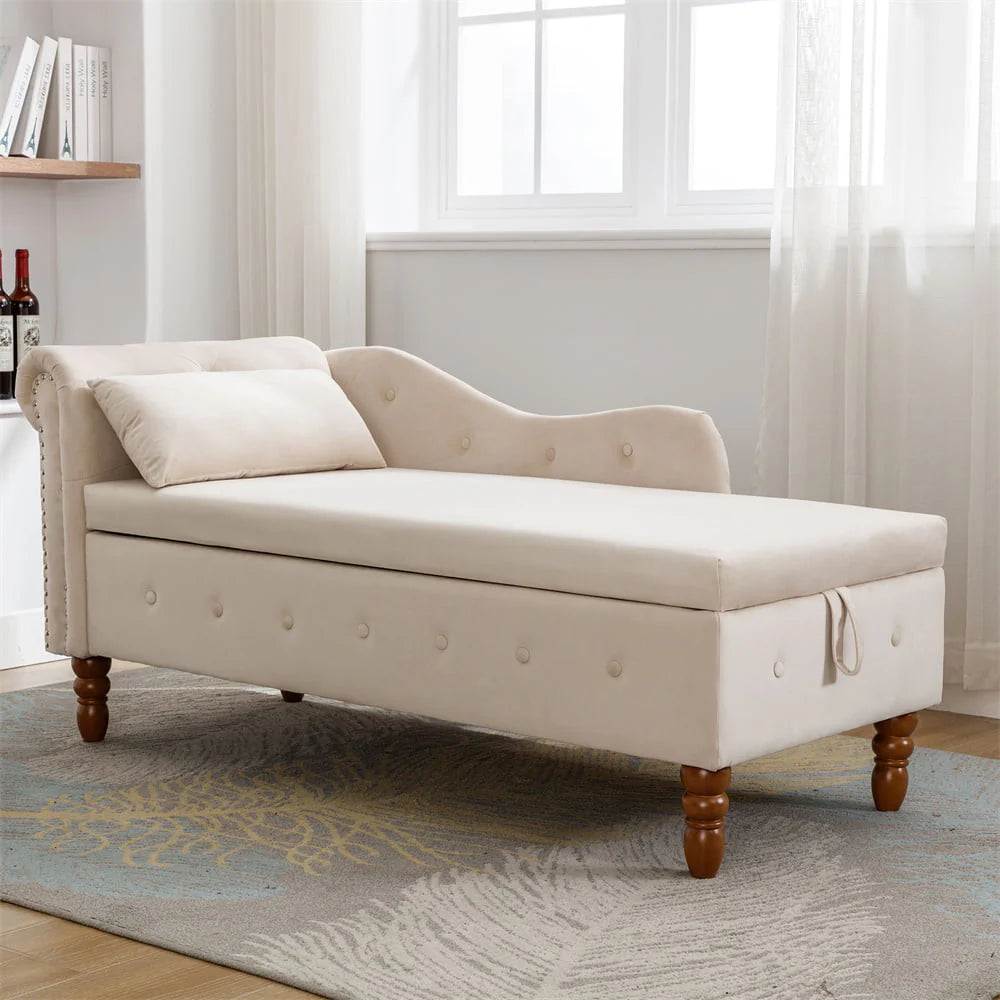 Storage Chaise Lounge. Upholstered Rolled Arm Chase Lounge with Nailhead Trim. Recliner Lounge Chair for Living Room Bedroom