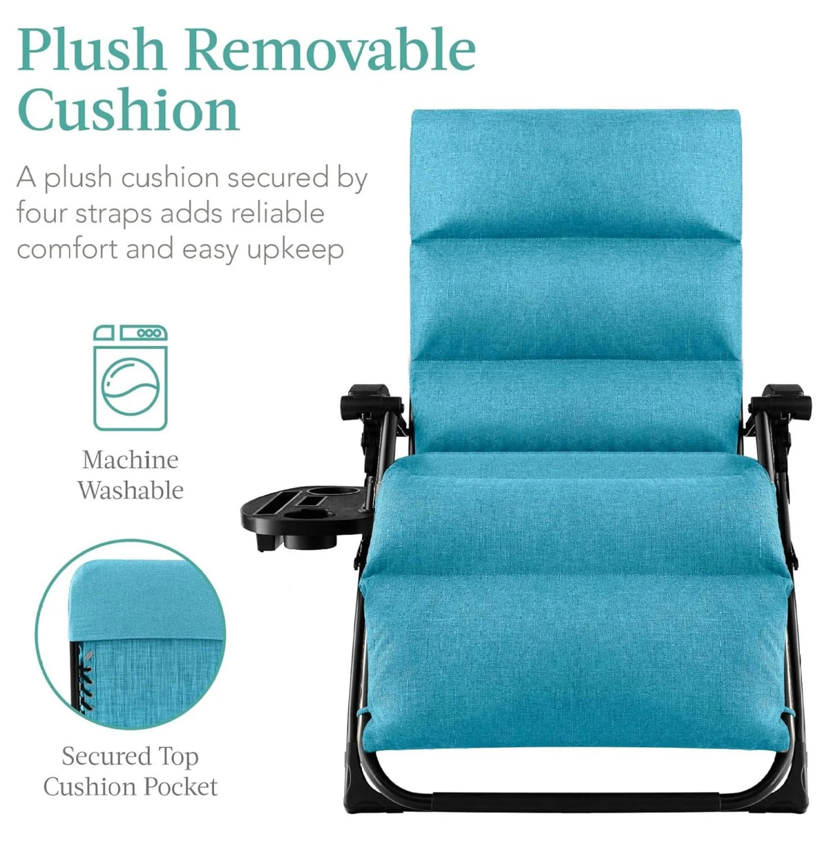 Oversized Chair. Folding Outdoor Patio Recliner. XL Anti Gravity Lounger W/Removable Cushion. Cup Holder. Side Tray. 350 lb Capacity - Taupe