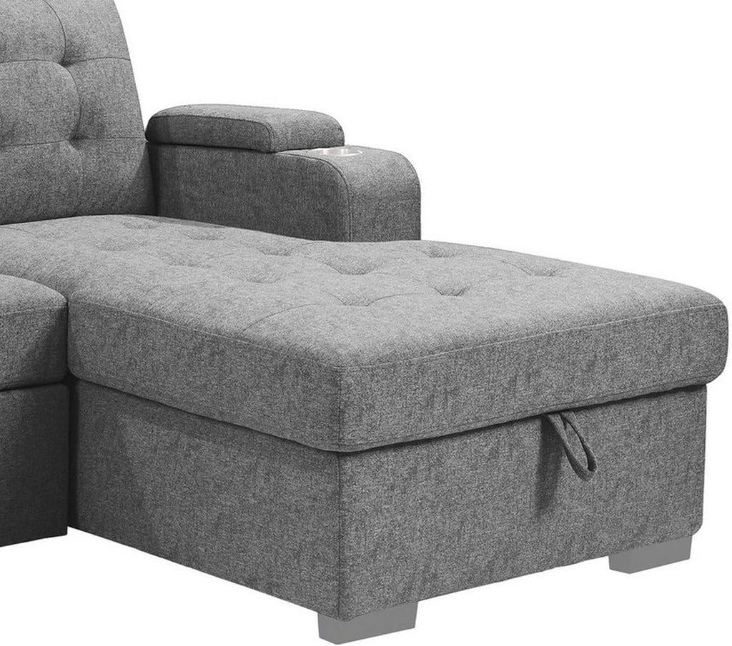Benjara 120 Inch Sleeper Sectional Sofa Bed with Storage. Modern Tufted Gray Fabric