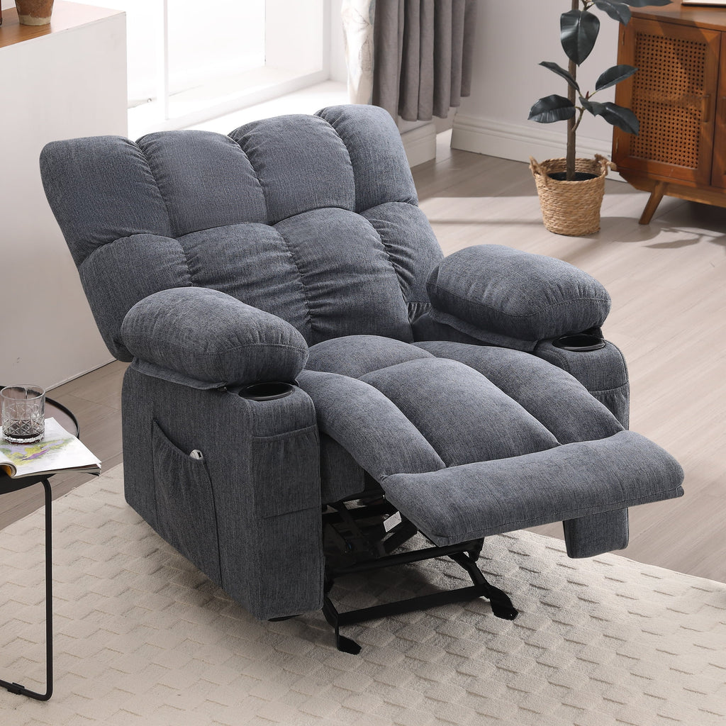 JONPONY Manual Recliner Chair with Heat Therapy and Massage Function. Heavy Duty Reclining Mechanism Massage Chair. Elderly Single Rocker Sofa with Cup Holders for Bedroom Home Theater. Grey