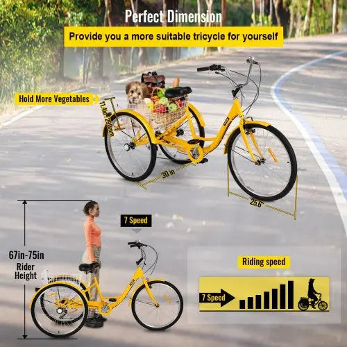 26-Inch 7-Speed Adult Tricycle with Front Basket &amp; Shopping Rack