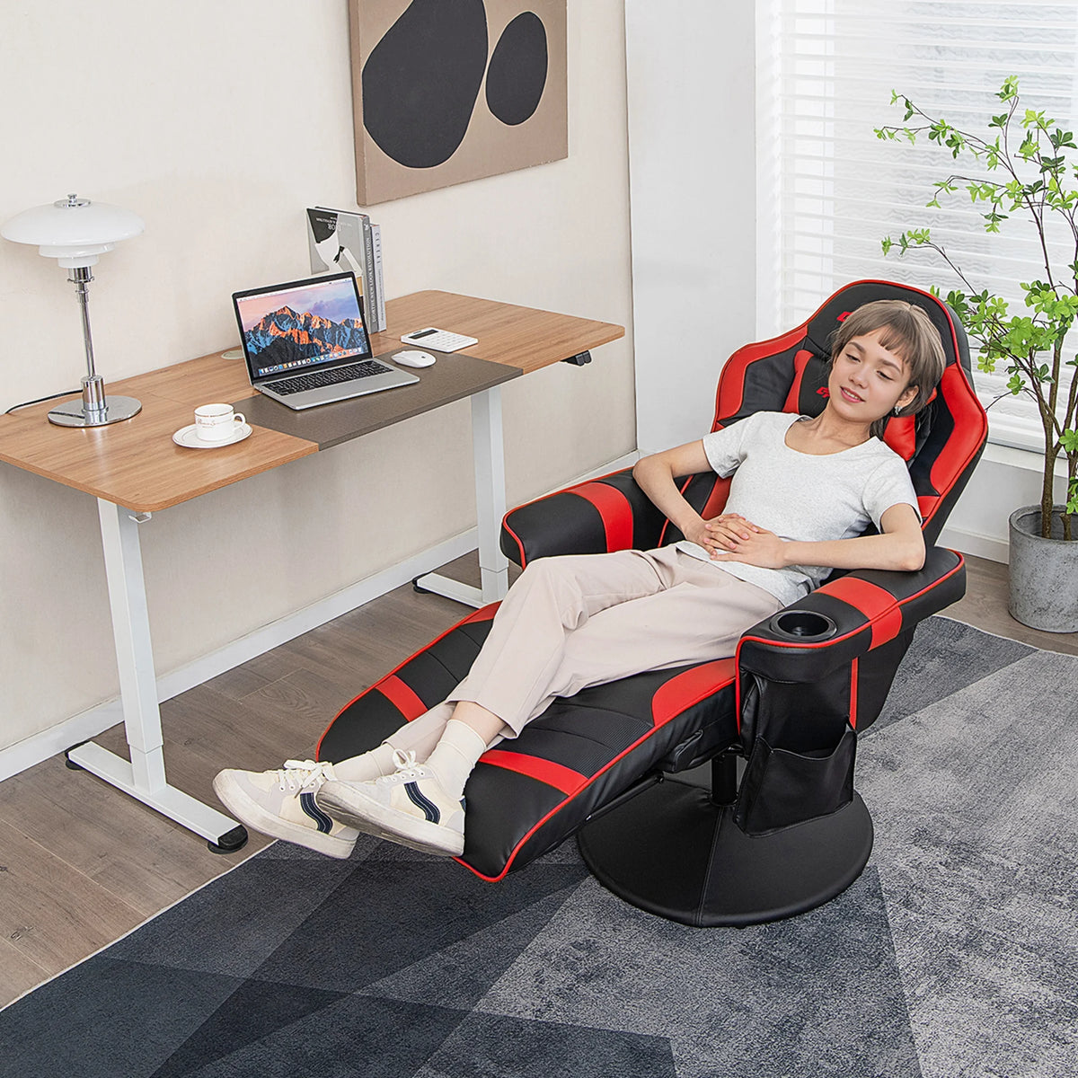 Goplus Massage Gaming Recliner Height Adjustable Racing Swivel Chair with Cup Holder Red