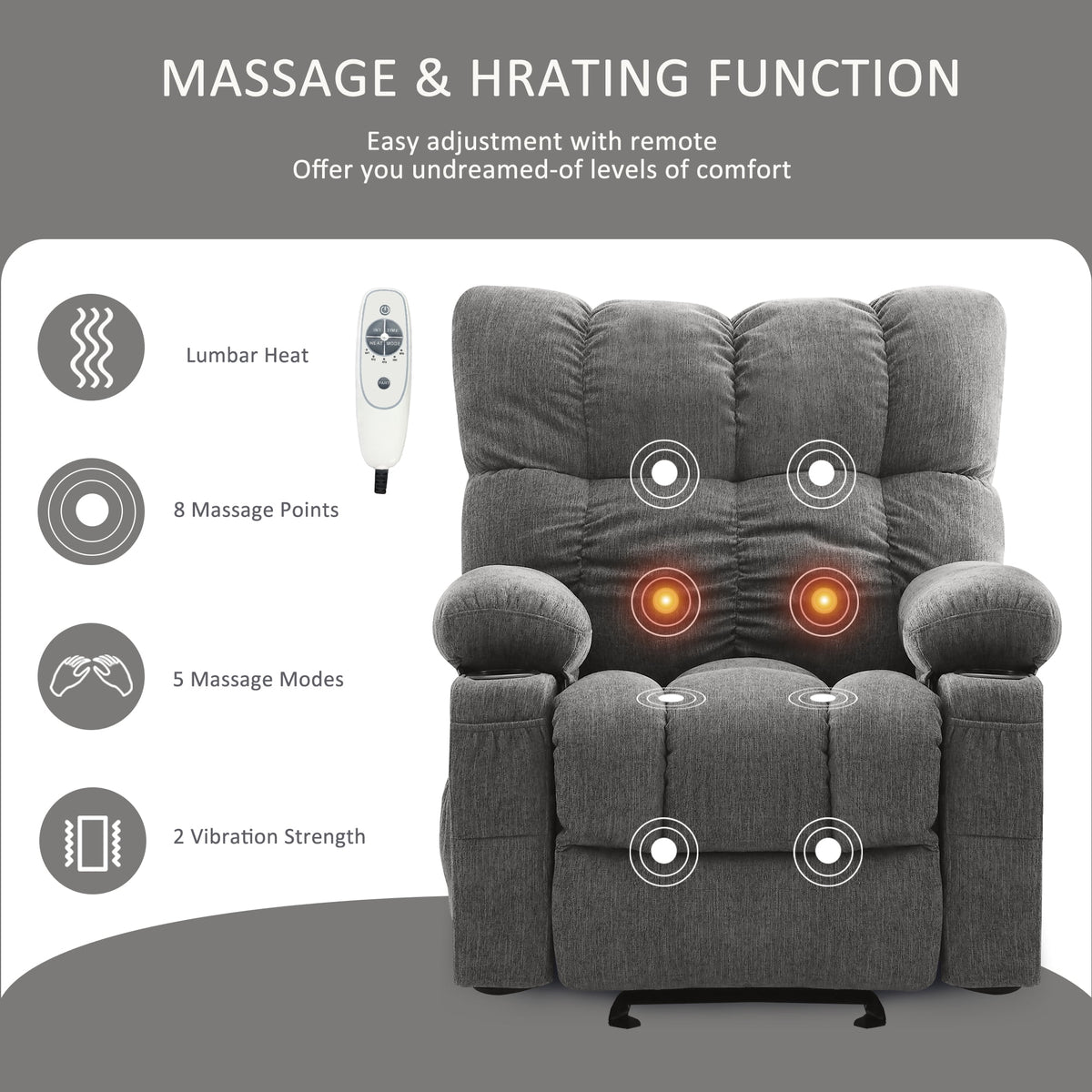 JONPONY Manual Recliner Chair with Heat Therapy and Massage Function. Heavy Duty Reclining Mechanism Massage Chair. Elderly Single Rocker Sofa with Cup Holders for Bedroom Home Theater. Grey