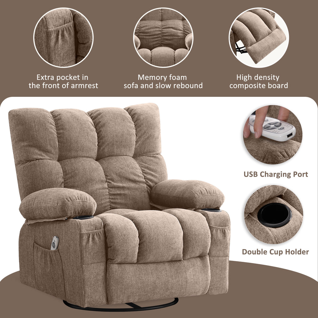 JONPONY Manual Recliner Chair with Heat Therapy and Massage Function. Heavy Duty Reclining Mechanism Massage Chair. Elderly Single Rocker Sofa with Cup Holders for Bedroom Home Theater. Grey