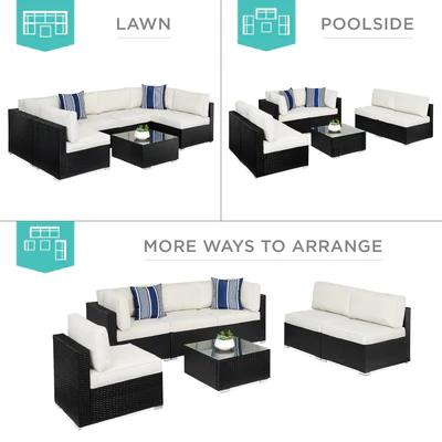 7-Piece Modular Wicker Sectional Conversation Set w/ 2 Pillows. Cover