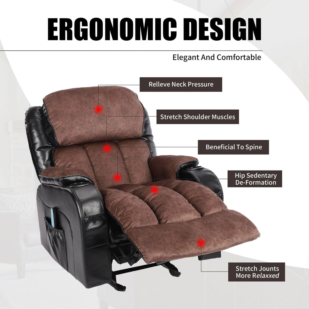 Leather Massage Recliner Chair. Modern Electric Power Rocker with Heated Massage. Ergonomic Lounge Chair. SEGMART Single Sofa Seat with Drink Holders for Living Room. Black and Brown