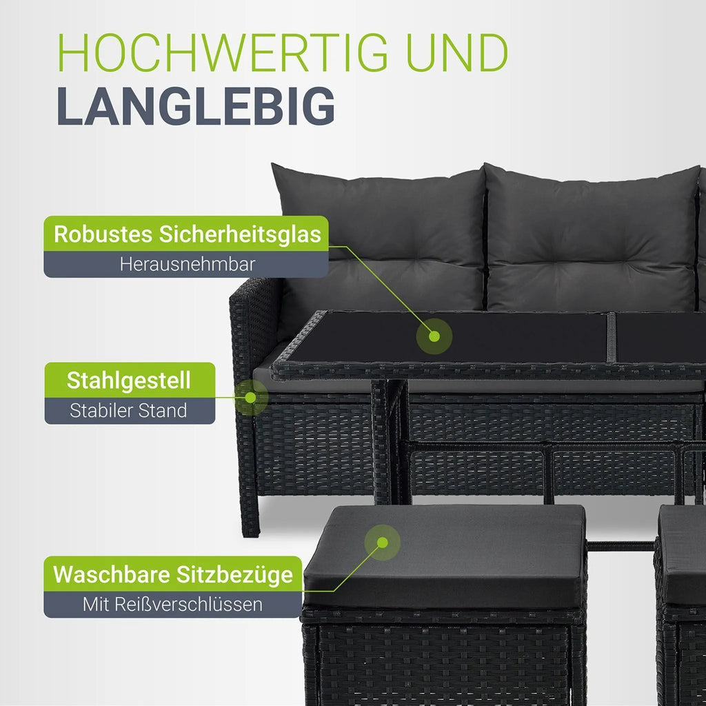 Juskys Polyrattan Lounge Manacor - Sofa. Tisch. Hocker & Kissen - Schwarz & Grau