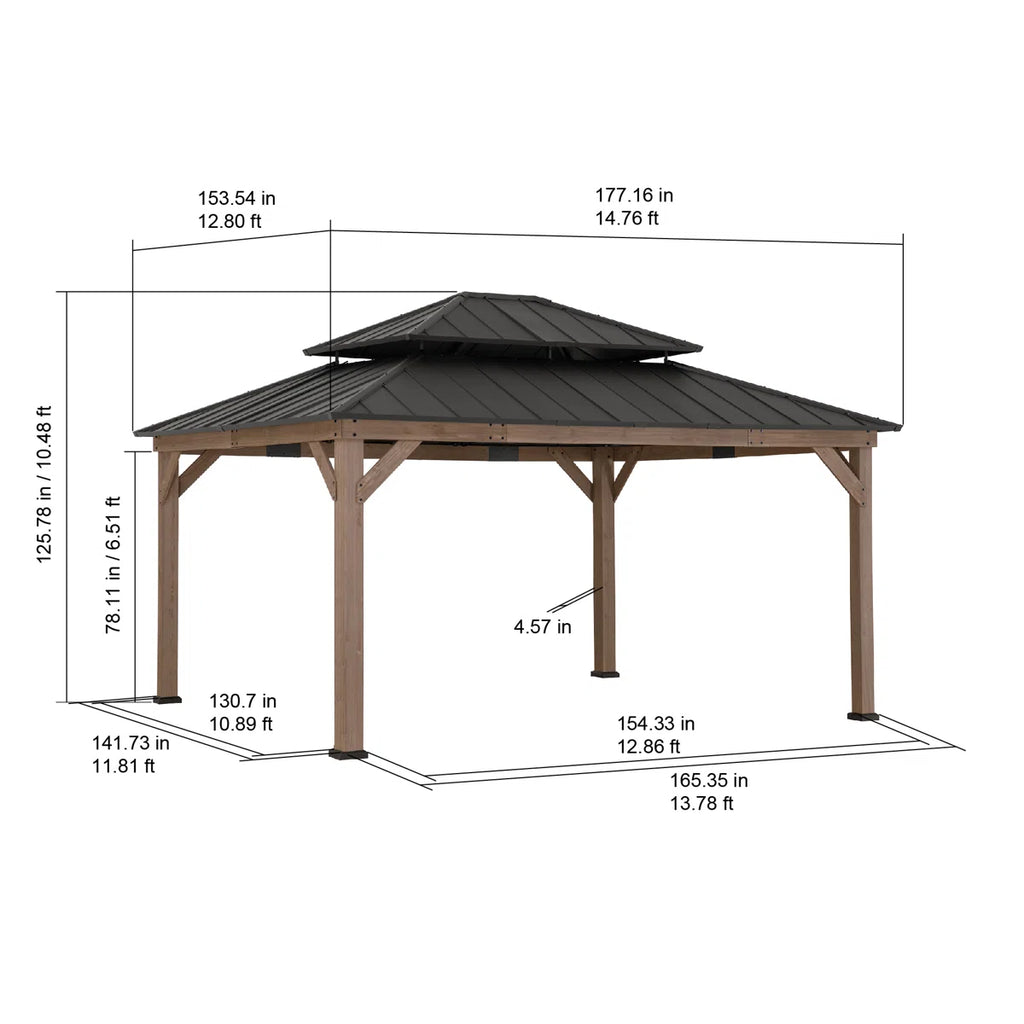 Sunjoy 13 x 15 ft. Wood Gazebo. Outdoor Patio Steel Hardtop Gazebo. Cedar Framed Wooden Gazebo with 2-Tier Metal Roof. Suitable for Patios. Lawn and Backyard
