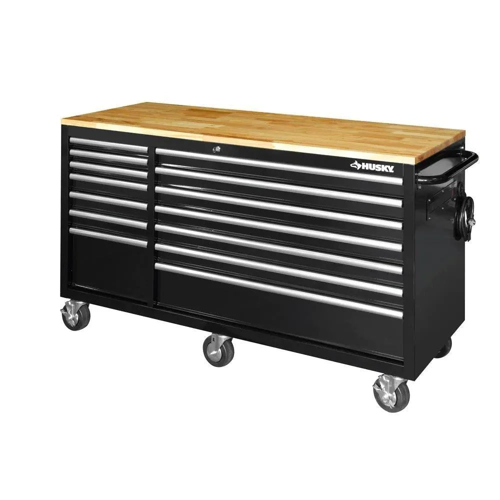 62 in. 14-Drawer Mobile Workbench with Solid Wood Top. Black