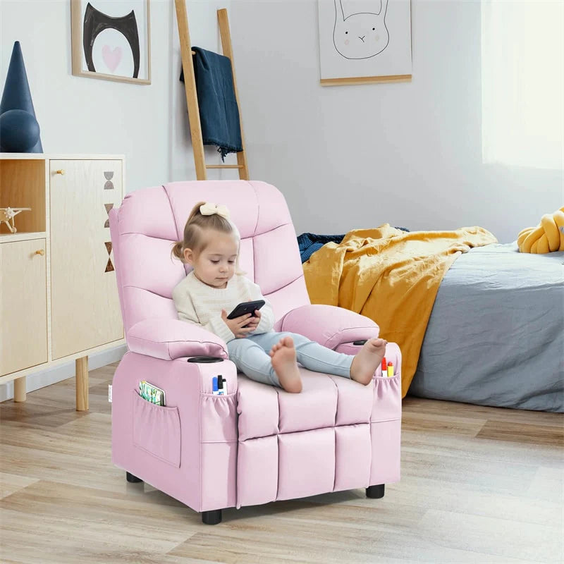 Kids Recliner Chair PU Leather Adjustable Lounge Sofa with Cup Holder. 3 Pockets & Retractable Footrest. Ergonomic Toddler Furniture Sofa