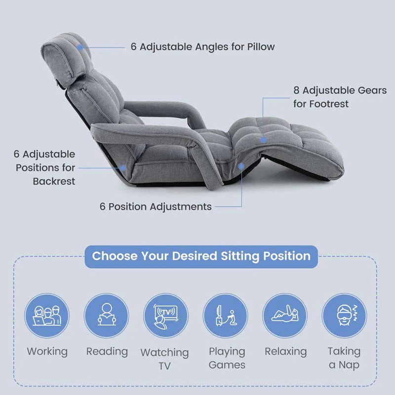 6-Position Adjustable Floor Sofa Bed. Folding Lazy Sofa Chaise Lounger Recliner with Armrests & Footrests for Living Room. Bedroom & Gaming