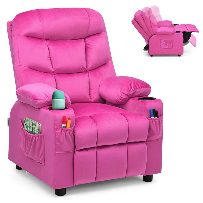 Kids Recliner Chair Adjustable Velvet Lounge Sofa with Cup Holders. 3 Pockets. Retractable Footrest. Toddler Furniture Sofa for Boys Girls Room
