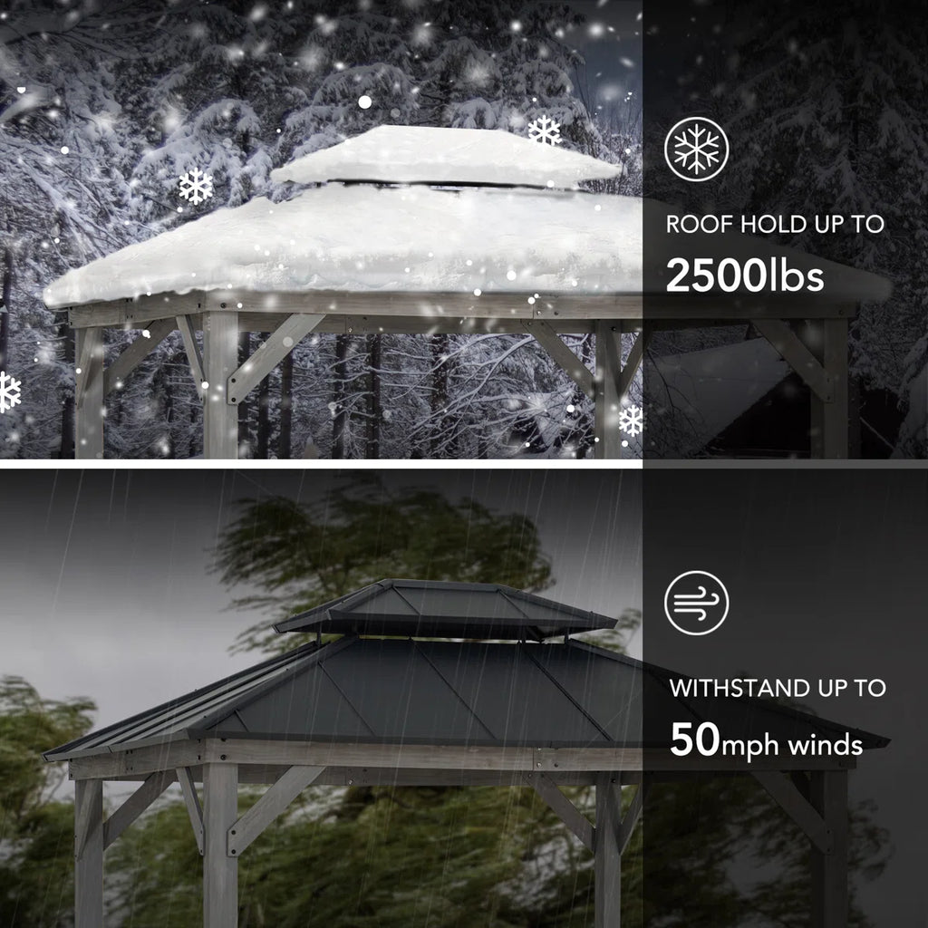Sunjoy 10 x 12 ft. Wood Gazebo. Outdoor Patio Steel Hardtop Gazebo. Cedar Framed Wooden Gazebo with 2-Tier Metal Roof. Suitable for Patios. Lawn and Backyard