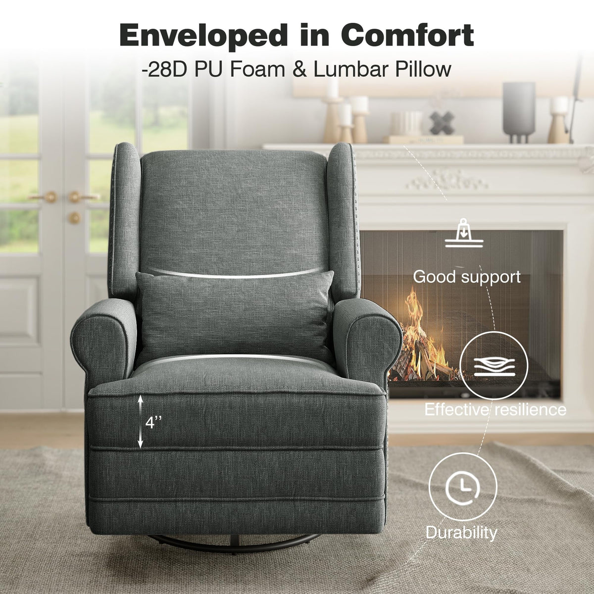 Royalcraft Swivel Nursery Glider Recliner. Comfy Upholstered Glider Chair with Lumbar Pillow and Footrest. Beige