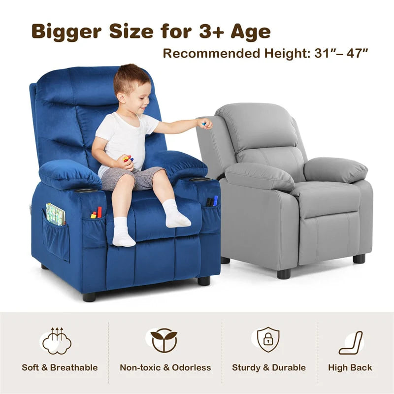 Kids Recliner Chair Adjustable Velvet Lounge Sofa with Cup Holders. 3 Pockets. Retractable Footrest. Toddler Furniture Sofa for Boys Girls Room