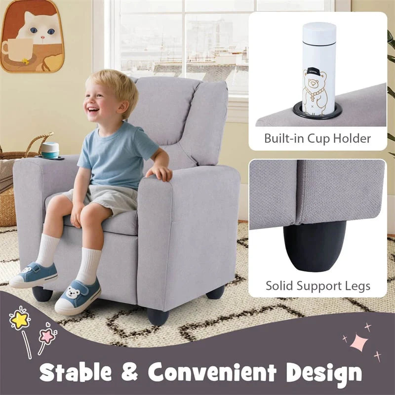 Kids Recliner Chair with Cup Holder & Side Pocket. Adjustable Toddler Lounge Sofa. Ergonomic Children Armchairs for Boys Girls Age 3+. 150lbs