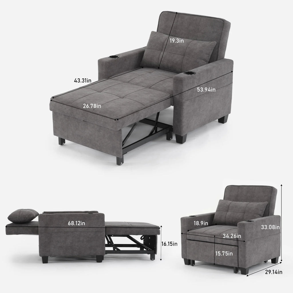Convertible Futon Sofa Bed. 3 - in - 1 Multi - Functional Sleeper Chair Bed with USB Ports. Adjustable Backrest Recliner. for Living Room Bedroom Small Space. Tech Cloth. Dark Grey