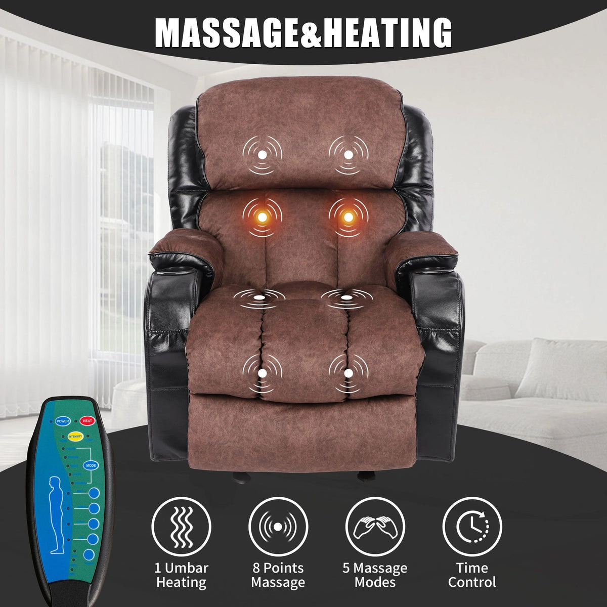 Leather Massage Recliner Chair. Modern Electric Power Rocker with Heated Massage. Ergonomic Lounge Chair. SEGMART Single Sofa Seat with Drink Holders for Living Room. Black and Brown