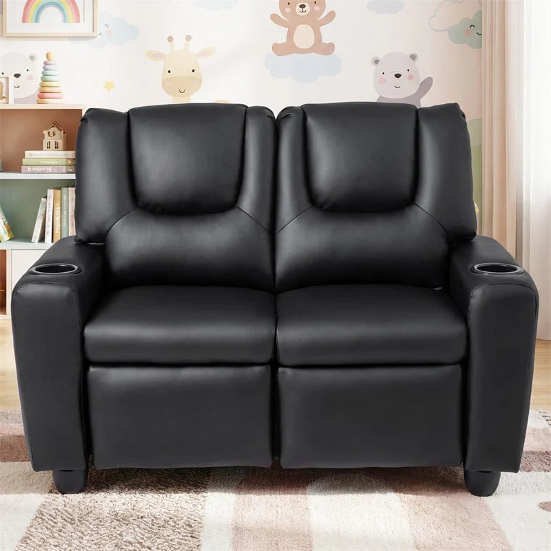 2-Seater Kids Recliner. PU Leather Reclining Loveseat with Cup Holders & 2 Side Storage Pockets. Adjustable Double Toddler Sofa for Boys Girls