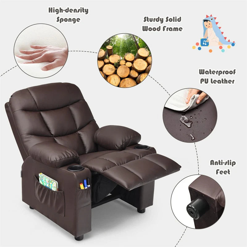 Kids Recliner Chair Adjustable Velvet Lounge Sofa with Cup Holders. 3 Pockets. Retractable Footrest. Toddler Furniture Sofa for Boys Girls Room