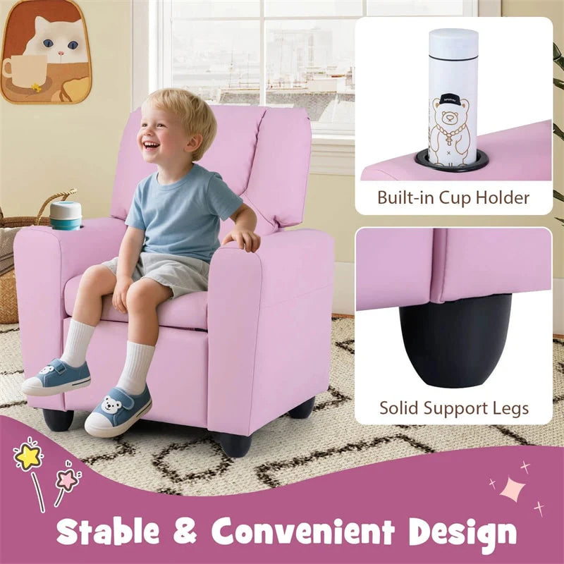 Kids Recliner Chair with Cup Holder & Side Pocket. Adjustable Toddler Lounge Sofa. Ergonomic Children Armchairs for Boys Girls Age 3+. 150lbs