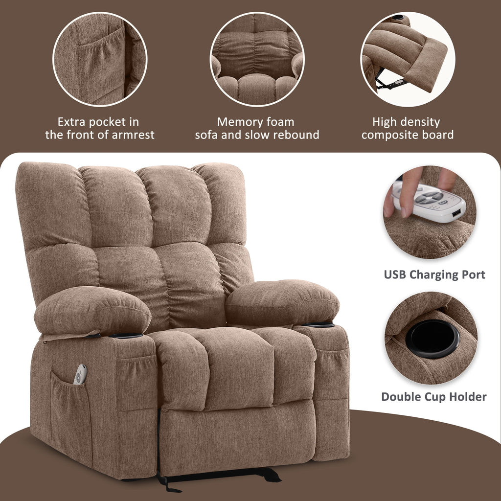 JONPONY Manual Recliner Chair with Heat Therapy and Massage Function. Heavy Duty Reclining Mechanism Massage Chair. Elderly Single Rocker Sofa with Cup Holders for Bedroom Home Theater. Grey