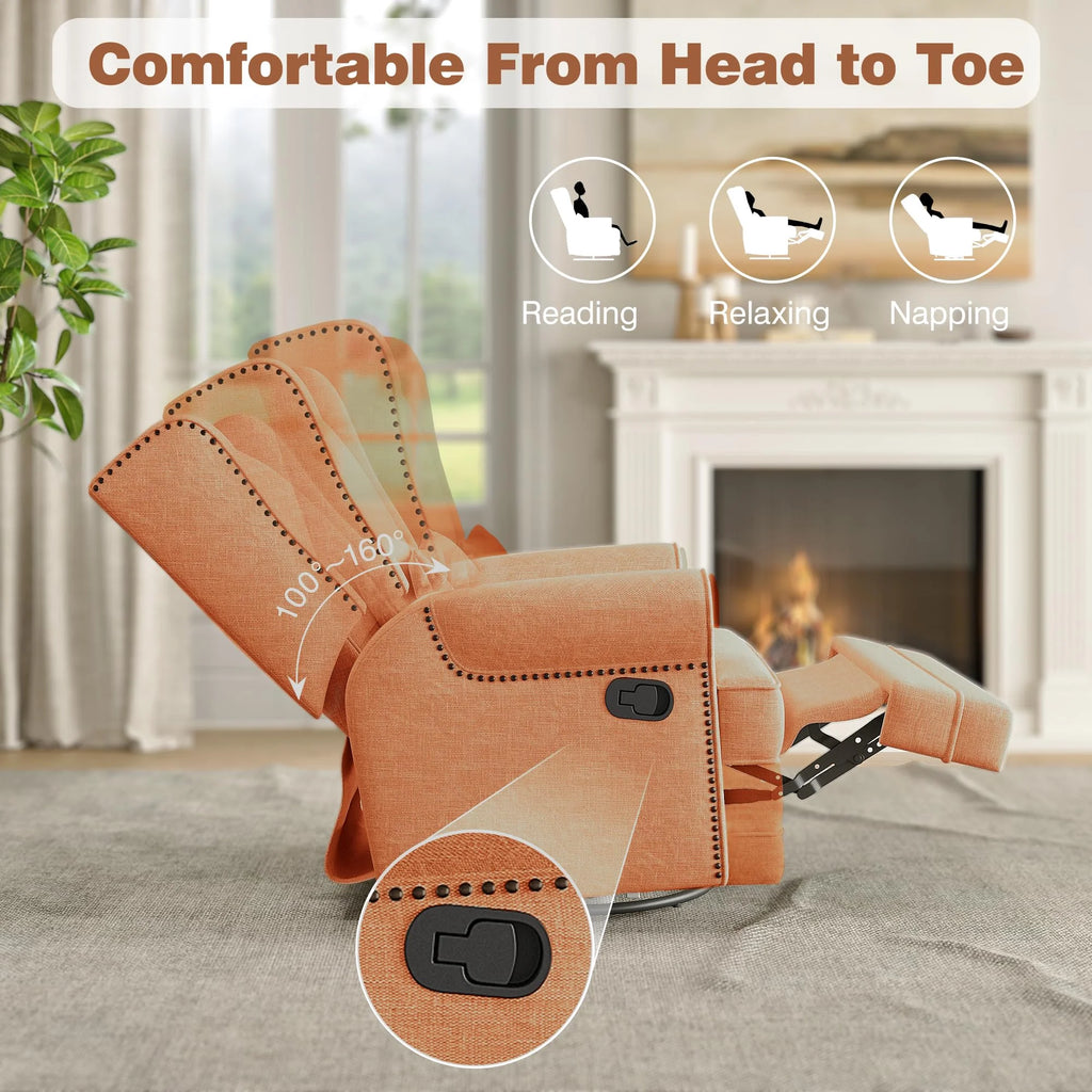 Royalcraft Swivel Nursery Glider Recliner. Comfy Upholstered Glider Chair with Lumbar Pillow and Footrest. Beige