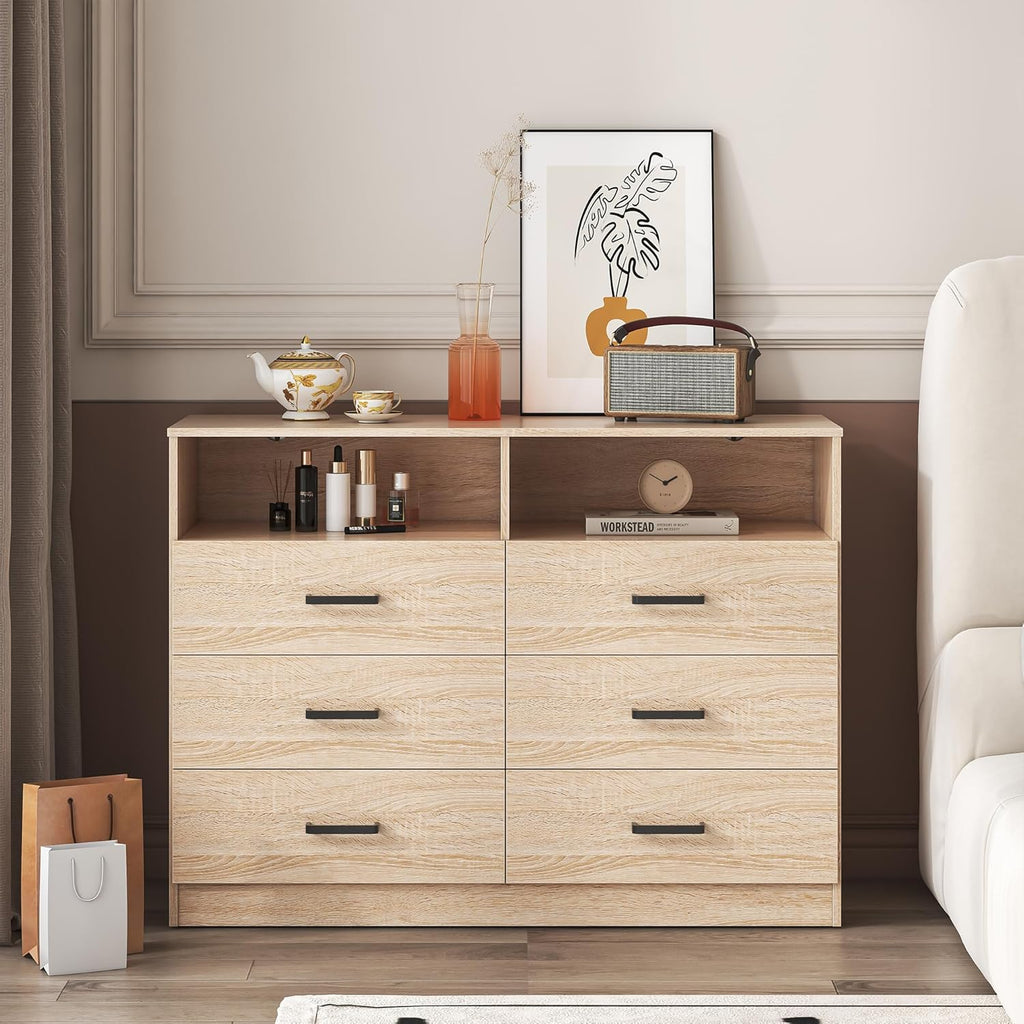 Bigbiglife Wood Dresser for Bedroom. 6 Drawer Double Dresser. Modern Chest of Drawers with Deep Drawers. Large Storage Organizer for Living Room. Closet