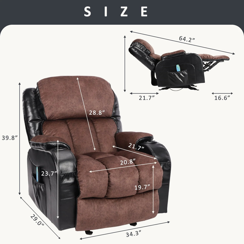 Leather Massage Recliner Chair. Modern Electric Power Rocker with Heated Massage. Ergonomic Lounge Chair. SEGMART Single Sofa Seat with Drink Holders for Living Room. Black and Brown