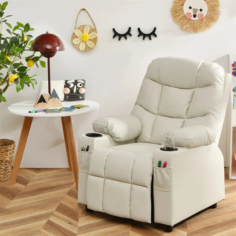 Kids Recliner Chair PU Leather Adjustable Lounge Sofa with Cup Holder. 3 Pockets & Retractable Footrest. Ergonomic Toddler Furniture Sofa