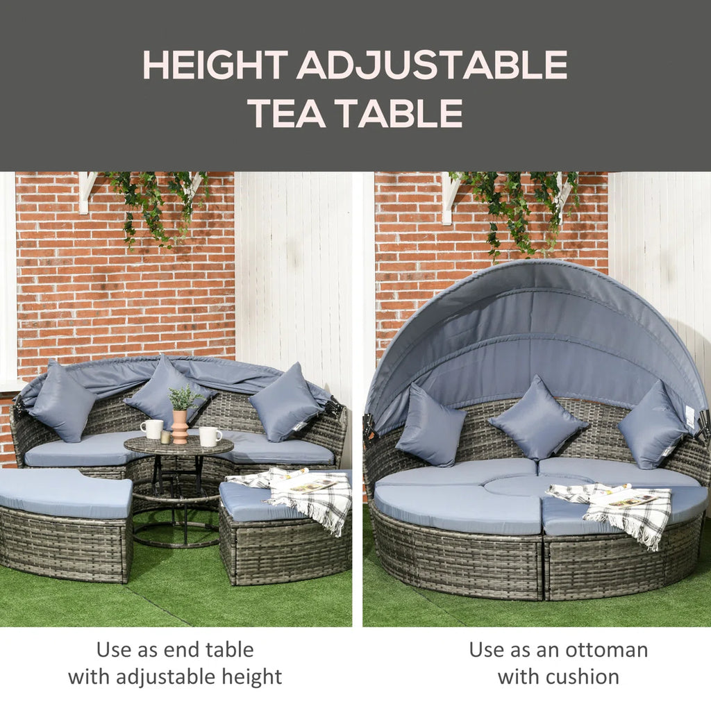 Jazmyne Outsunny 4 Piece Round Rattan Daybed. Convertible Patio Furniture Set. Adjustable Sun Canopy. Sectional Outdoor Sofa. 2 Chairs. Extending Tea Table Ottoman Chair. 3 Pillows