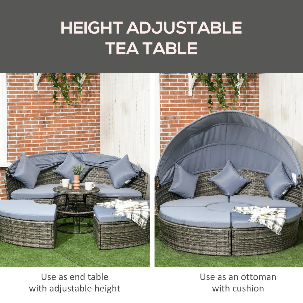 Jazmyne Outsunny 4 Piece Round Rattan Daybed. Convertible Patio Furniture Set. Adjustable Sun Canopy. Sectional Outdoor Sofa. 2 Chairs. Extending Tea Table Ottoman Chair. 3 Pillows