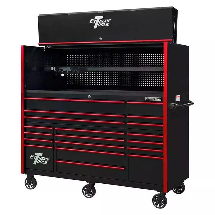 EXTREME TOOLS 72 RX SERIES 19-DRAWER 30 DEEP ROLLER CABINET W/HUTCH - BLACK W/RED DRAWER PULLS