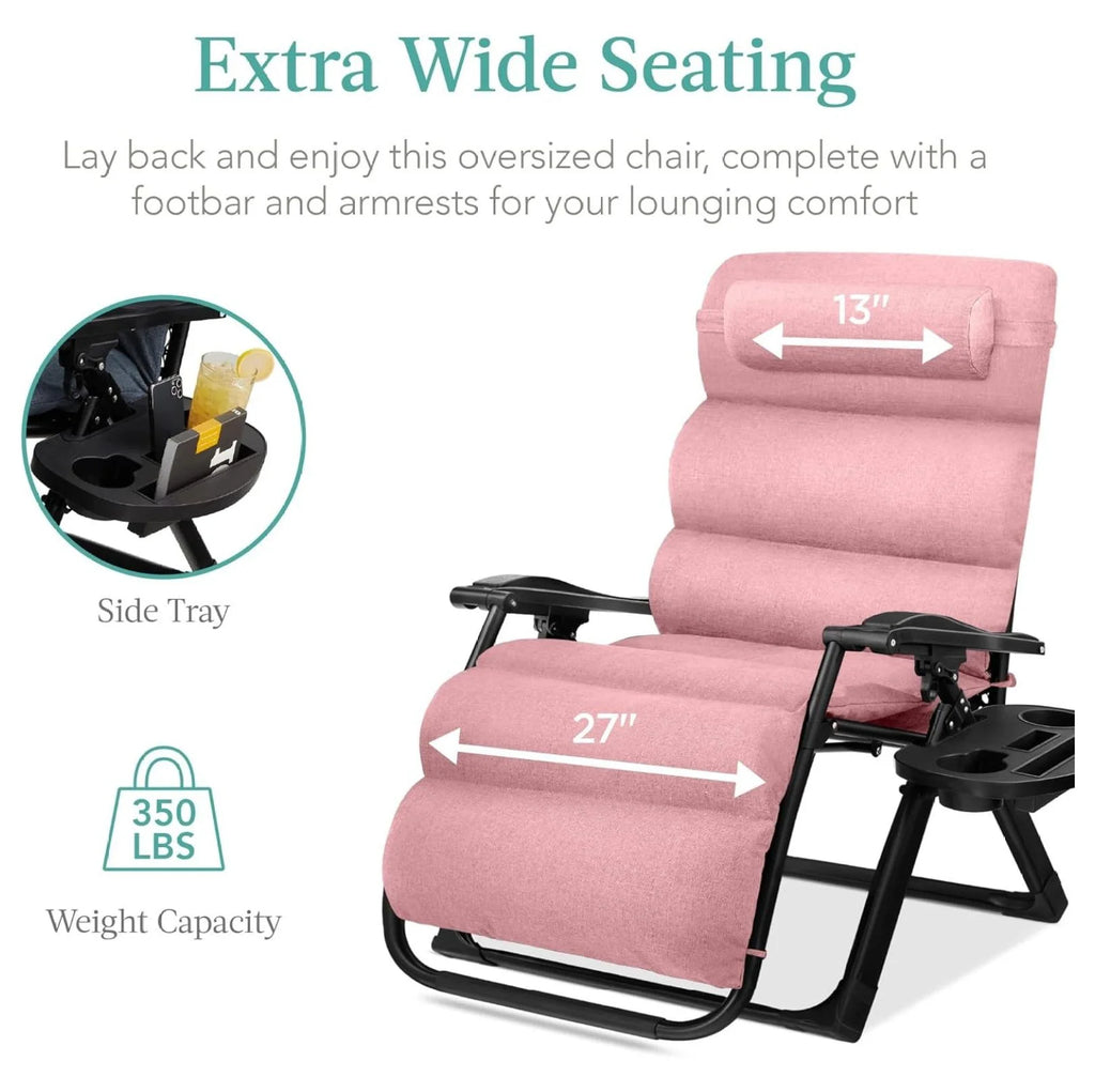 Oversized Chair. Folding Outdoor Patio Recliner. XL Anti Gravity Lounger W/Removable Cushion. Cup Holder. Side Tray. 350 lb Capacity - Taupe