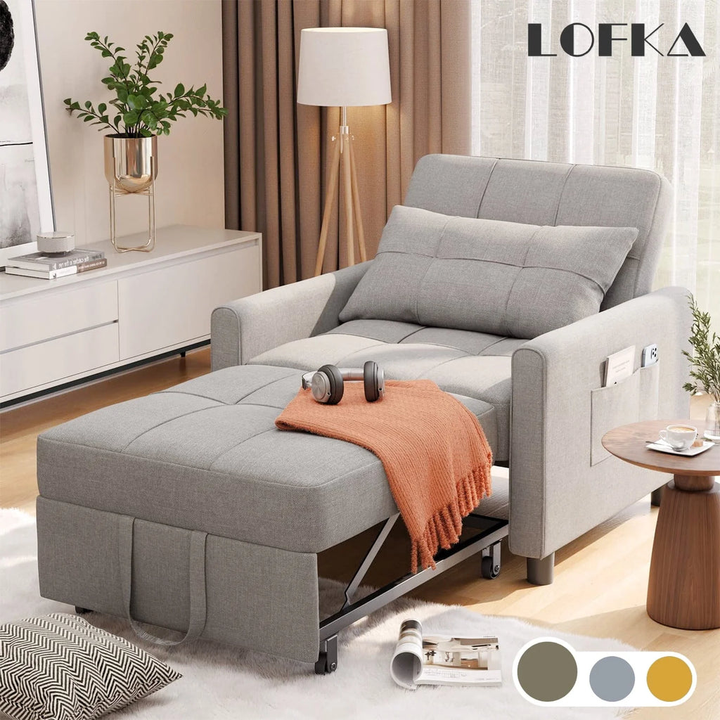 Lofka Chair Bed. Convertible Sofa Bed Couch Recliner Single Bed for Living Room/Office/Bedroom. Light Gray