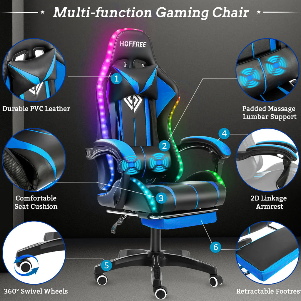Hoffree Message Gaming Chair with RGB LED Lights. Racing Style Recliner Swivel Video Game Chair with Speakers. Adjustable Ergonomic High Back Computer Chair with Headrest & Lumbar Support