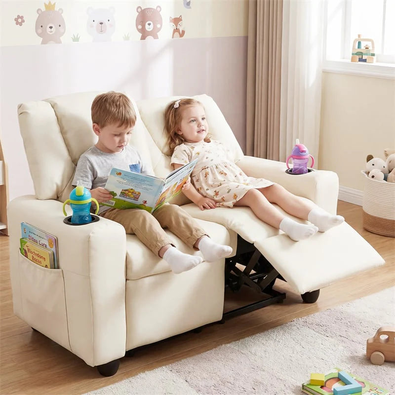 2-Seater Kids Recliner. PU Leather Reclining Loveseat with Cup Holders & 2 Side Storage Pockets. Adjustable Double Toddler Sofa for Boys Girls