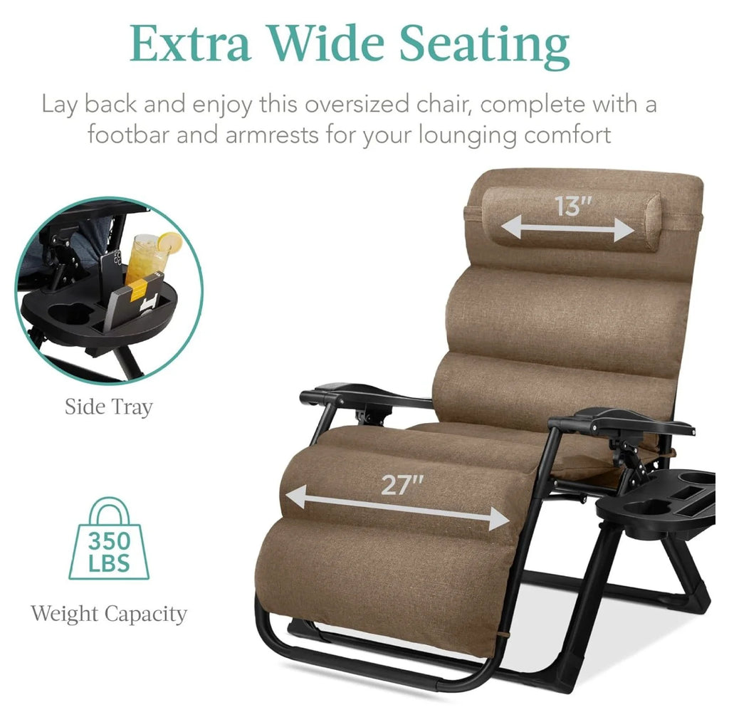 Oversized Chair. Folding Outdoor Patio Recliner. XL Anti Gravity Lounger W/Removable Cushion. Cup Holder. Side Tray. 350 lb Capacity - Taupe