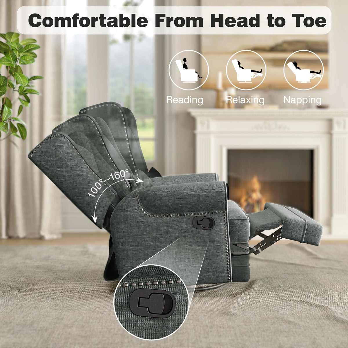 Royalcraft Swivel Nursery Glider Recliner. Comfy Upholstered Glider Chair with Lumbar Pillow and Footrest. Beige
