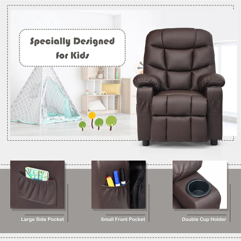 Kids Recliner Chair Adjustable Velvet Lounge Sofa with Cup Holders. 3 Pockets. Retractable Footrest. Toddler Furniture Sofa for Boys Girls Room