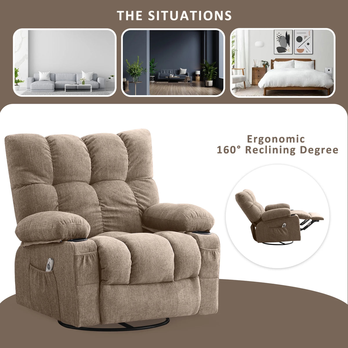 JONPONY Manual Recliner Chair with Heat Therapy and Massage Function. Heavy Duty Reclining Mechanism Massage Chair. Elderly Single Rocker Sofa with Cup Holders for Bedroom Home Theater. Grey