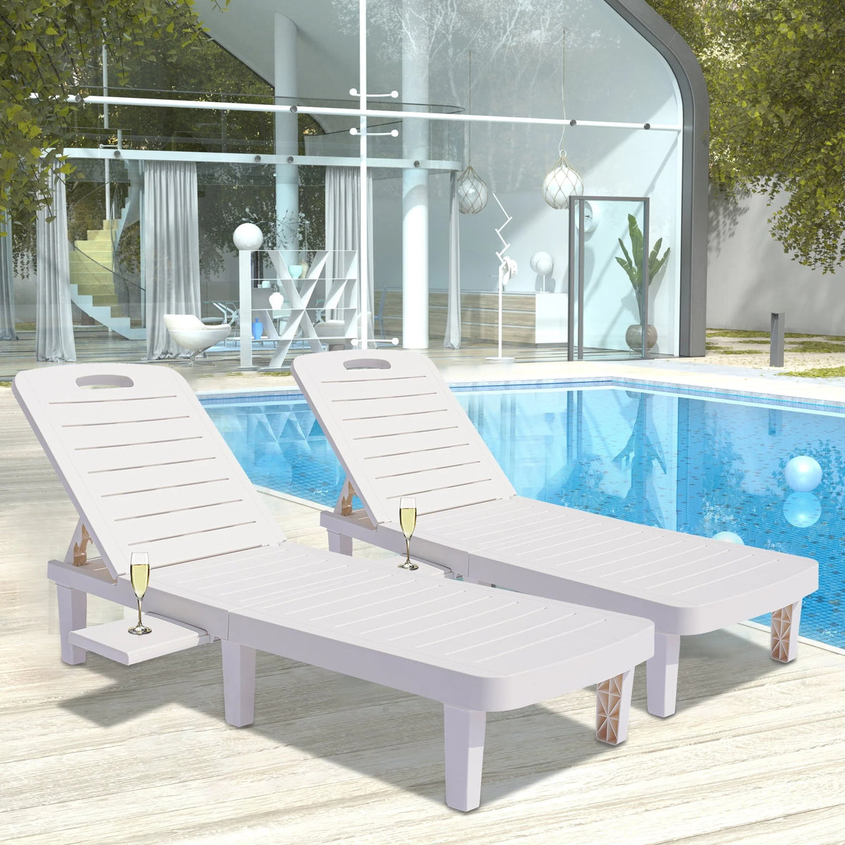 Patio Lounge Chair Set of 2. Adjustable Chaise with Side Table. Outdoor Lounger Recliner for Poolside. Patio. Backyard. Wood Texture Design | Waterproof | Easy to Assemble | Max Weight 330 lb White