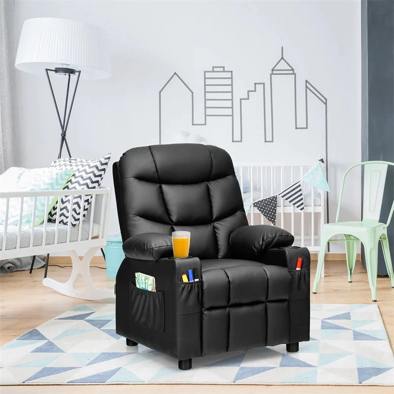 Kids Recliner Chair PU Leather Adjustable Lounge Sofa with Cup Holder. 3 Pockets & Retractable Footrest. Ergonomic Toddler Furniture Sofa