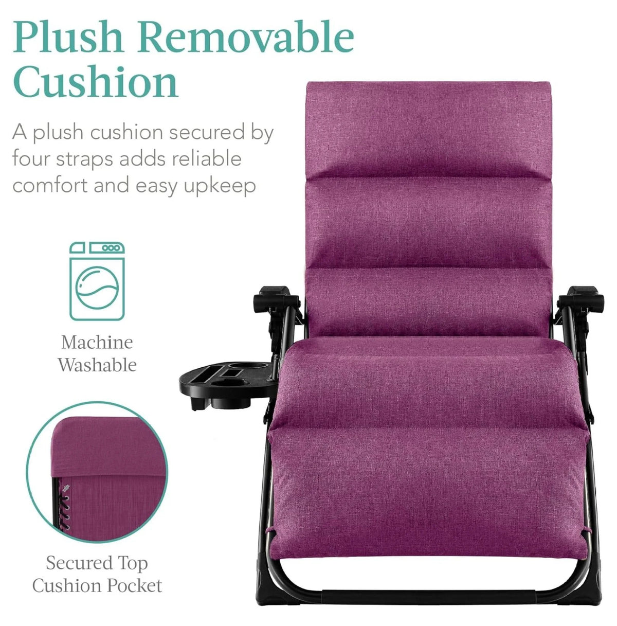 Oversized Chair. Folding Outdoor Patio Recliner. XL Anti Gravity Lounger W/Removable Cushion. Cup Holder. Side Tray. 350 lb Capacity - Taupe
