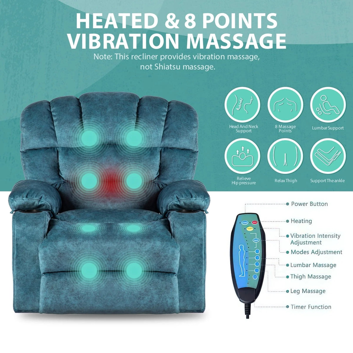 Colerline 40.9 Wide Super Soft and Oversize Modern Design Velvet Upholstered Manual Recliner Chair with Heating and Massage. Green