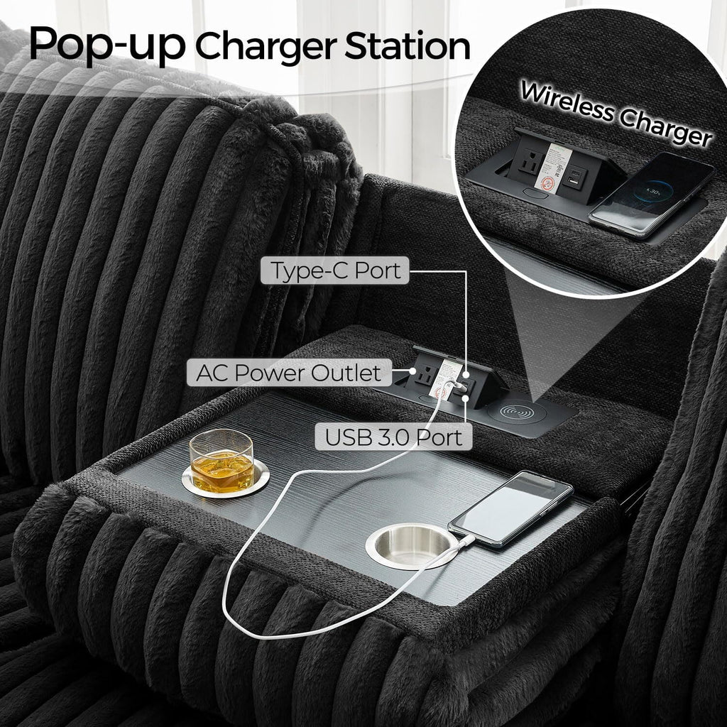 Power Reclining Sectional Sofa with Wireless Charger. 6 - Seater Faux Fur Sectional with Recliners. Hidden Cup Holders. Storage Console. USB & Type - C Ports. Black